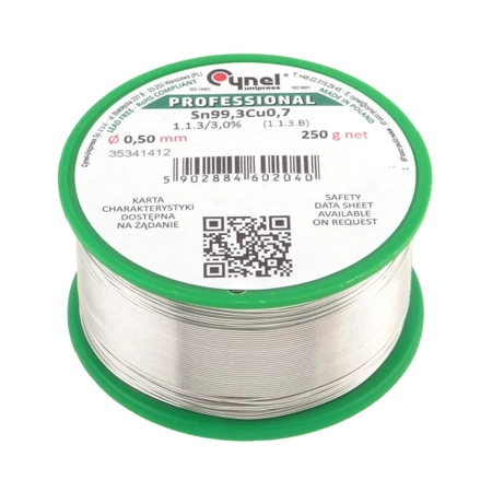 Cyna lutownicza bezołowiowa - spoiwo Sn99,3Cu0,7 - topnik 1.1.3 - 0,50mm - Cynel 250g