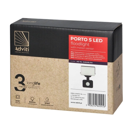 Naświetlacz bezramkowy z PIR 10W, 800lm, IP44, 4000K, PORTO S