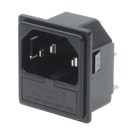 Gniazdo zasilania 230V IEC 10A, męskie z miejscem na bezpiecznik, RF-2004