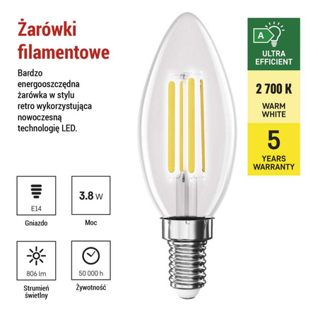 Żarówka LED E14 świeczka, 3,8 W, odpowiednik 60 W, ciepła biel, 806 lm, filament, EMOS ZAR-E-ZF3A42