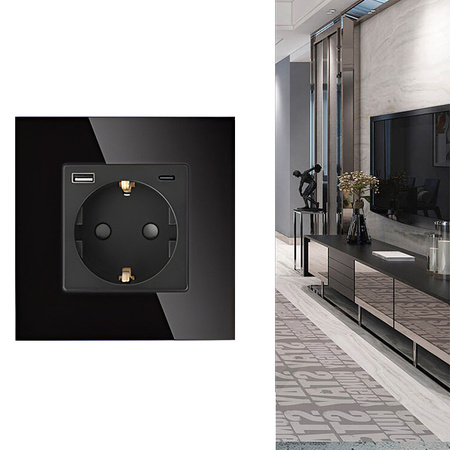 Gniazdo elektryczne pojedyncze Schuko z USB A+C 20W - szklana ramka - czarne - Tawoia Glass