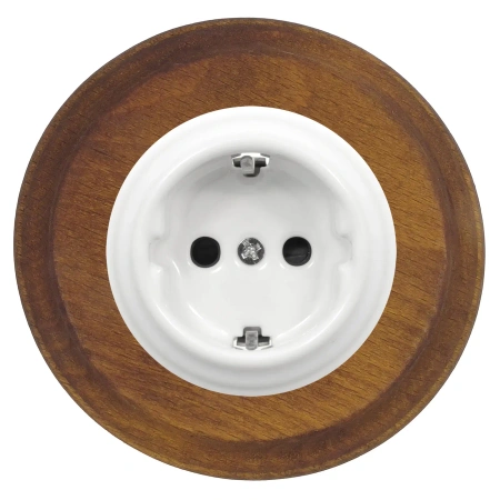 Gniazdo elektryczne Schuko okrągłe białe z ramką ciemne drewno, montaż podtynkowy, Ceramic Loft
