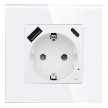 Gniazdo elektryczne Schuko z USB A+C 20W z pomiarem energii (watomierz) ZigBee białe podtynkowe z ramką szklaną - TAWOIA Glass