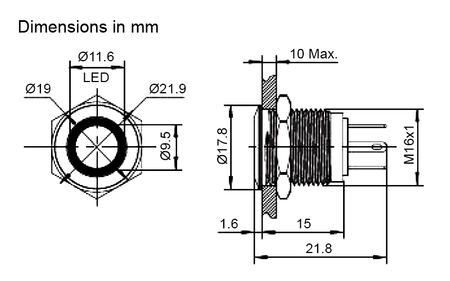 Przełącznik wandaloodporny W16F10RER12/S 16mm, monostabilny 1NO, podświetlanie żółte krawędziowe