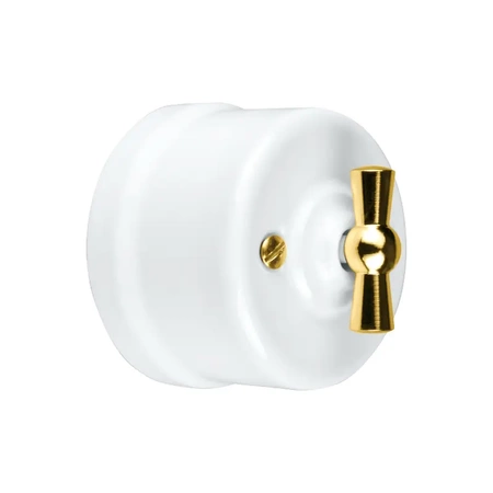 Włącznik światła schodowy obrotowy z ramką, ceramiczny, montaż natynkowy, kolor biały, złote pokrętło Ceramic Loft