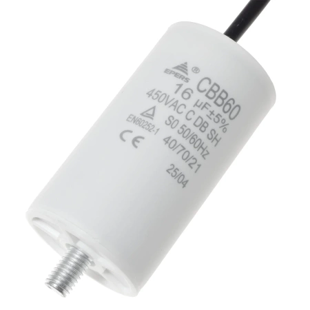 Kondensator rozruchowy do silnika 16µF 450VAC, CBB60, przewody 15 cm, Ø40 × 70 mm, EPERS