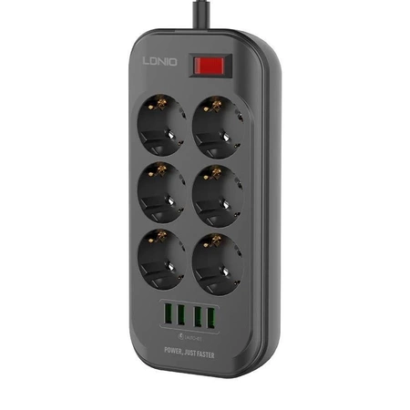 Listwa zasilająca 6 gniazd + 4x USB, 10A, 2m, czarny z włącznikiem, LDNIO SE6403