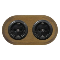 2x Gniazdo elektryczne Schuko okrągłe czarne z ramką podwójną ciemne drewno, montaż podtynkowy, Ceramic Loft