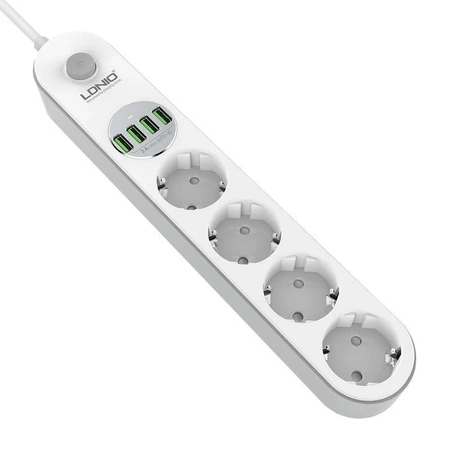 Listwa zasilająca 4 gniazda + 4× USB, przewód 2 m, 10 A, z włącznikiem, biała, LDNIO