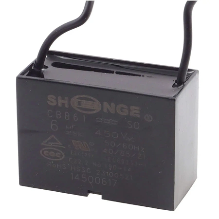 Kondensator rozruchowy do silnika 6µF 450VAC, CBB61, przewody ok. 10 cm, 46 × 22 × 34 mm