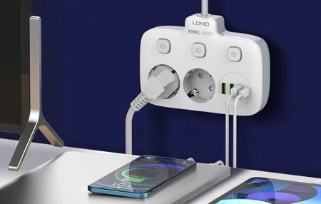 Listwa zasilająca 2 gniazda + 3× USB, 10 A, z włącznikiem, biała, LDNIO