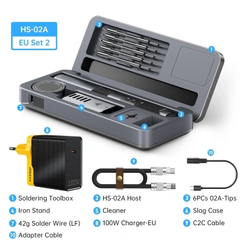 Inteligentna lutownica kolbowa 100W - 6 grotów + zasilacz + akcesoria - FNIRSI® HS-02A w wersji BOX