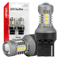 Żarówki LED W21W 7440 bez CANBUS 12/24 V, 15 diod SMD 3030, soczewka, światło białe, 2 szt. - AMiO 04996