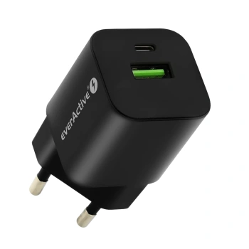 Ładowarka USB, ładowarka sieciowa, szybkie ładowanie QC3.0 + USB-C PD PPS 30W, everActive GaN SC-390QB