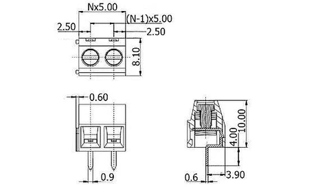 Złącze śrubowe 3 pola, raster 5, h=10mm DG127