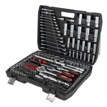 Zestaw 216 narzędzi: 110 bitów, nasadki 1/4", 3/8" i 1/2" z Torx E, klucze płasko-oczkowe, w walizce - AMiO 05020
