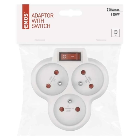 Rozgałęźnik sieciowy 230V, 3 gniazda, 10A, biały, włącznik, EMOS P0026S