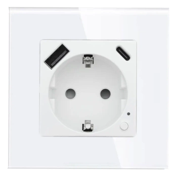 Gniazdo elektryczne Schuko z USB A+C 20W z pomiarem energii (watomierz) WiFi i Bluetooth białe podtynkowe z ramką szklaną - TAWOIA Smart Home