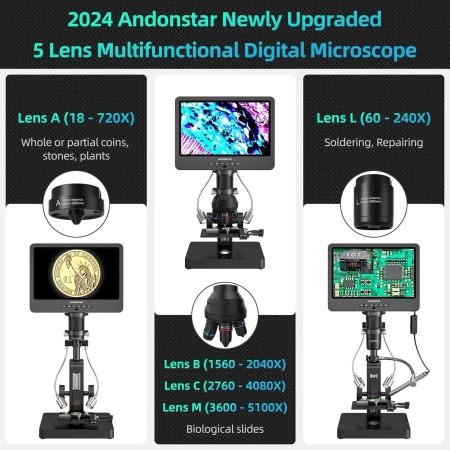 Mikroskop biologiczny i laboratoryjny z 5 obiektywami, endoskopem i ekranem 10″ – Andonstar AD269S