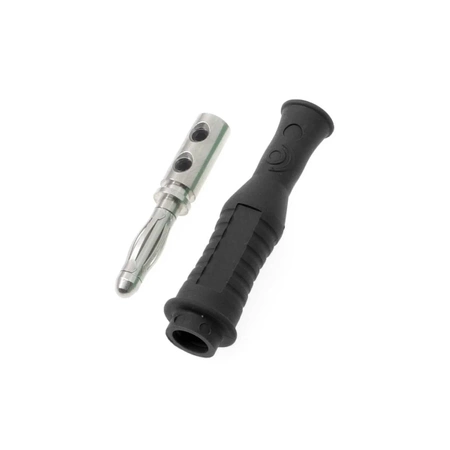 Wtyk izolowany 4mm lamelkowy przykręcany, elastyczna osłona z odgiętką, czarny