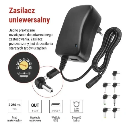 Zasilacz impulsowy uniwersalny 3-12 V, 2250 mA, z gniazdem USB 5 V / 2 A, wymienne wtyki, EMOS N3113N