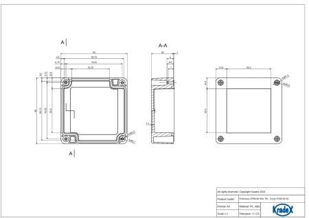 Obudowa hermetyczna ZP90.90.60UJH, 91,6 × 91,4 × 60 mm, ABS, jasnoszara, z uchem, Kradex