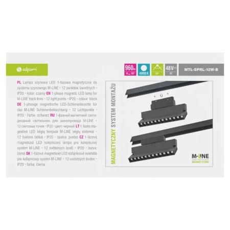 Reflektor szynowy magnetyczny liniowy regulowany 12W 960lm 4000K czarny M-LINE