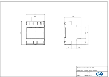 Obudowa modułowa na szynę DIN ZD1004J, 89,8 × 71,6 × 65,2 mm, ABS, szara, Kradex