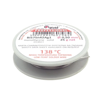 Cyna lutownicza niskotopliwa Bi57Sn42Ag1 bez topnika, 138°C, średnica 0,5 mm, szpula 25 g, Cynel