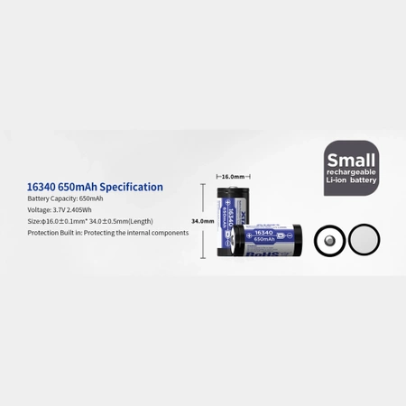Akumulator Li-Ion 16340 / R-CR123 3.7V 650mAh z zabezpieczeniem, Xtar
