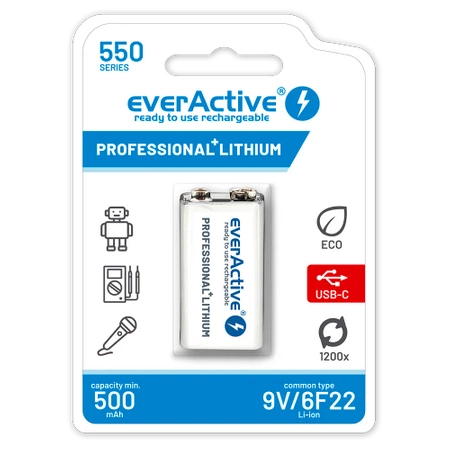Akumulatorek everActive 6F22/9V Li-ion 550 mAh z USB TYP C