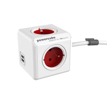 Przedłużacz 4 gniazda + 2× USB, przewód 1,5 m, 16 A, rozgałęźnik, czerwony, DesignNest PowerCube Extended
