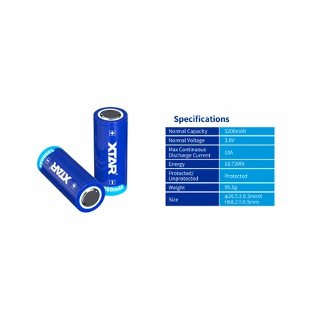 Akumulator Li-Ion 26650 3.6V 5200mAh z zabezpieczeniem, Xtar