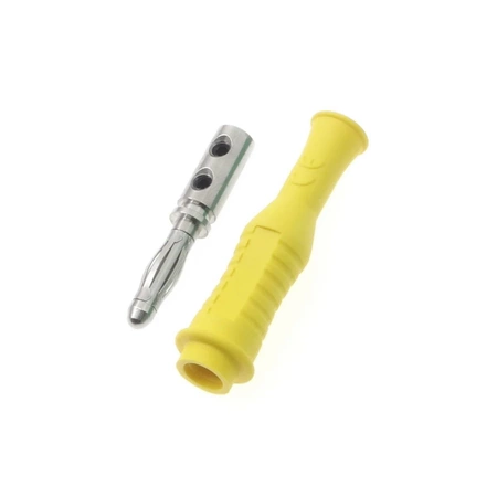 Wtyk izolowany 4mm lamelkowy przykręcany, elastyczna osłona z odgiętką, żółty