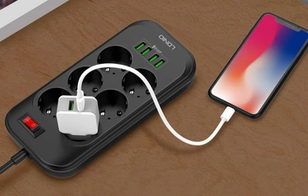 Listwa zasilająca 6 gniazd + 4× USB, przewód 2 m, 10 A, z włącznikiem, czarna, LDNIO