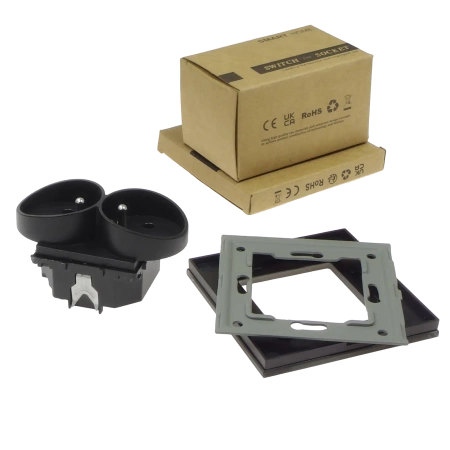 Gniazdo elektryczne podwójne z bolcem - szklana ramka - czarne - Tawoia Glass