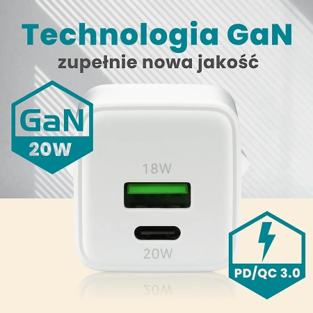 Ładowarka sieciowa everActive GaN SC-330Q z gniazdem USB QC3.0 oraz USB-C PD 20W