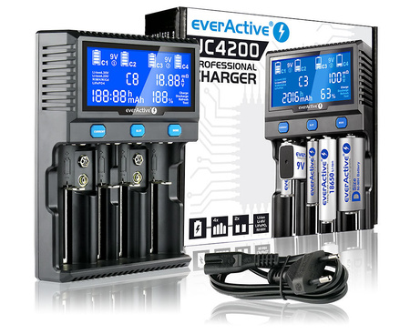 Ładowarka do 4 ogniw cylindrycznych i 2 akumulatorów 9 V, Li-ion, LiFePO4, Ni-MH, everActive UC-4200