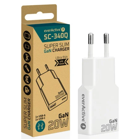 Ładowarka sieciowa everActive GaN USB QC3.0 + USB-C PD 20W SUPER SLIM SC-340Q