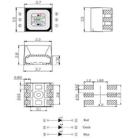 Dioda LED RGB SMD 3537 PLCC-2-6 800/1500/500 mcd, kąt 120° do układów elektronicznych