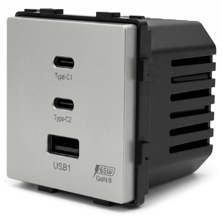 Ładowarka USB A + 2xC 65W GaN grafitowa podtynkowa z ramką szklaną - TAWOIA Glass