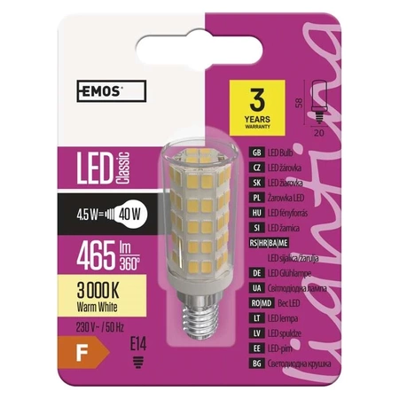 Żarówka LED E14 do okapu, 4,5 W, ciepła biel, 465 lm, EMOS ZQ9140