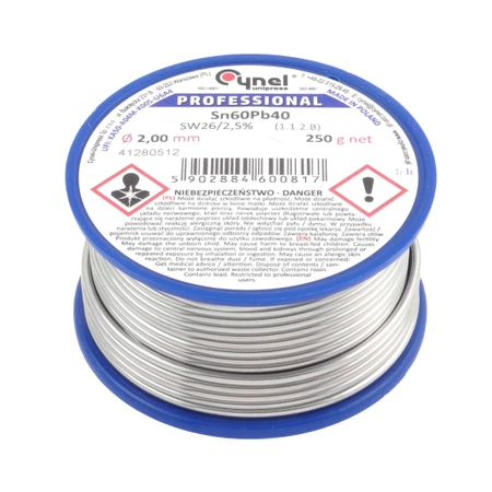 Cyna lutownicza z topnikiem SW26 - 2mm - spoiwo Sn60Pb40 Cynel 250g