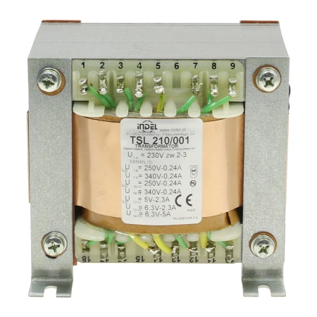 Transformator sieciowy lampowy TSL 210/001, 210VA, 2 × 250 lub 340V 0,24A, żarzenie 6,3V/5A, 5 lub 6,3V 2,3A, Indel