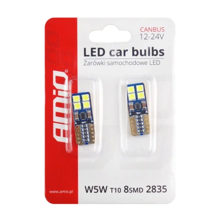 Żarówka samochodowa LED CANBUS T10e (W5W) 12V/24V (8 LED), 2szt AMIO-01635