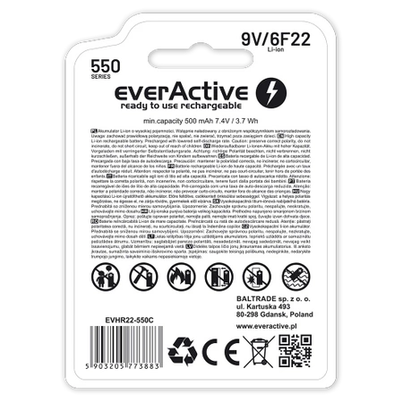 Akumulatorek everActive 6F22/9V Li-ion 550 mAh z USB TYP C