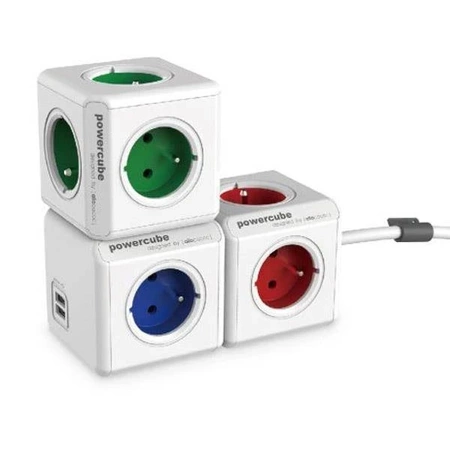 Rozgałęźnik sieciowy 230 V, 4 gniazda, 16 A, 2 × USB, modułowy w formie kostki, niebieski, allocacoc ALLO-2202BL