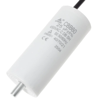 Kondensator rozruchowy do silnika 25uF 450VAC, przewody 15cm, 40x93mm