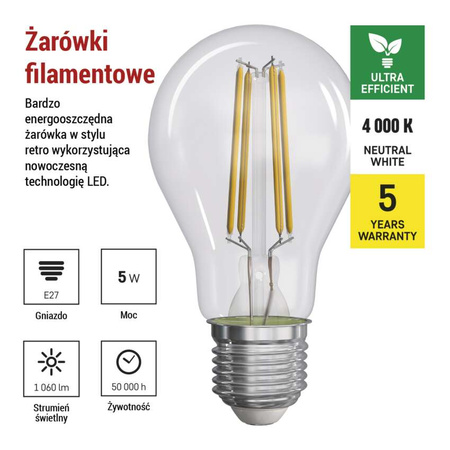 Żarówka LED E27 bańka A60, 5 W, odpowiednik 75 W, neutralna biel, 1060 lm, filament, EMOS ZAR-E-ZF5158