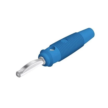 Wtyk izolowany 4mm z otworem 4mm i boczną sprężyną dociskową, przykręcany 16A, niebieski